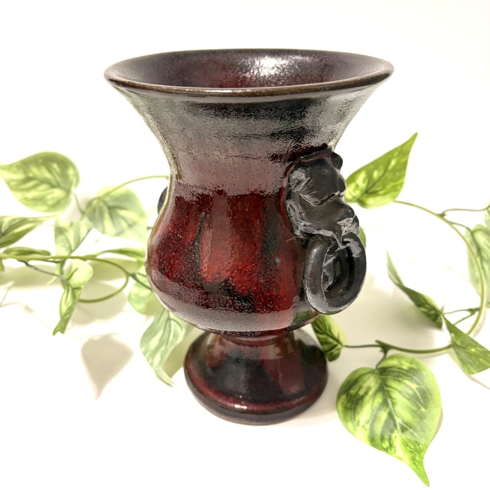RARE Gargoyle Handle Urn Vase Oxblood Red Black Volcanic Glaze Terracotta 8.5" - Picture 13 of 16